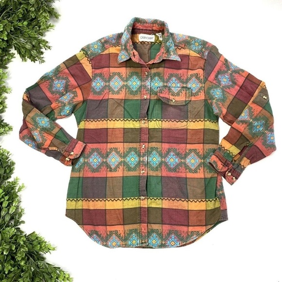 Cabin Creek Tops - Vintage Shirt Patchwork Embroidered Plaid Aztec Button Up Women’s Size Medium
